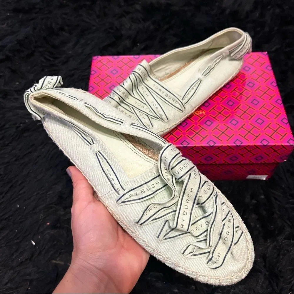 TORY BURCH TB Tory ribbon espadrille flats slip on shoes women’s 8.5 Preowned